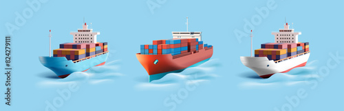 Set of colored cargo ships with containers, 3D. Rendering of cargo ships for international maritime trade and transportation design concepts. Vector