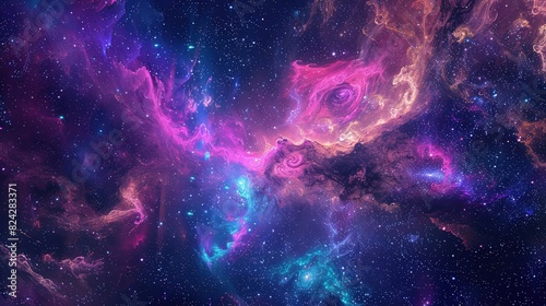 A vibrant and colorful space galaxy filled with swirling nebula clouds and starry night skies, featuring radiant hues of purple, pink, and blue.