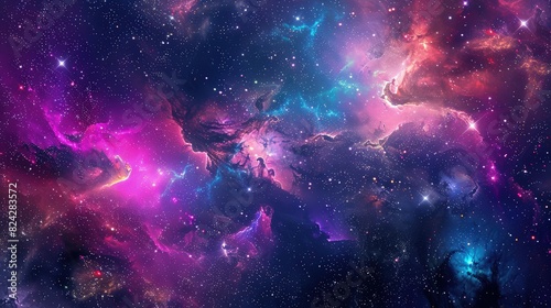 A vibrant and colorful space galaxy filled with swirling nebula clouds and starry night skies, featuring radiant hues of purple, pink, and blue.