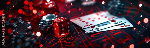 Poker cards, poker chips and playing card symbols on a dark background with red light effects. 3D rendering of a gambling game concept. In the style of a banner design, stock photo, or banner template