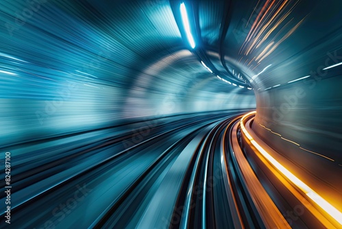 Abstract motion blur of a subway train speeding through an underground tunnel. Time Travel and metaverse technology concept.