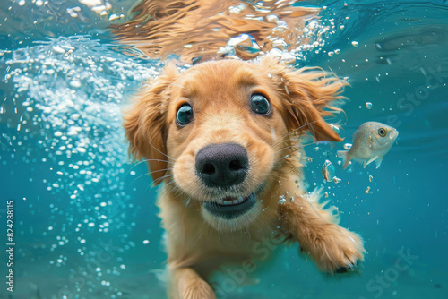 An adorable golden retriever puppy swimming in the water 