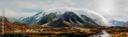 Majestic Mountain Range With Stream Aoraki Mount Cook New Zealand