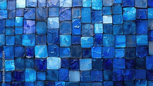 A mosaic of blue tiles in various shades and patterns.