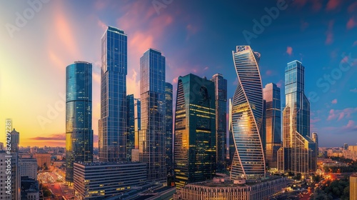 A panoramic view of a modern city skyline at twilight, with lights beginning to twinkle in the buildings. 