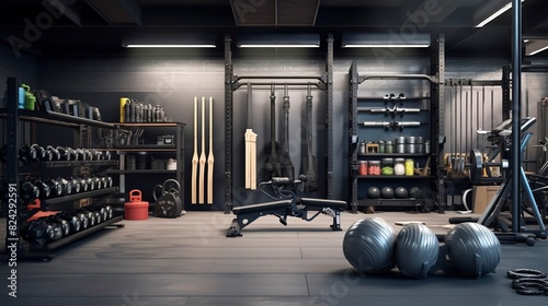 A photo of a well-organized gym equipment storage area.