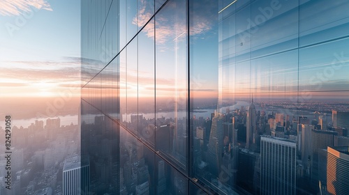 A sleek, reflective glass wall of a skyscraper, showing the distorted reflections of the surrounding urban landscape and sky. 32k, full ultra hd, high resolution