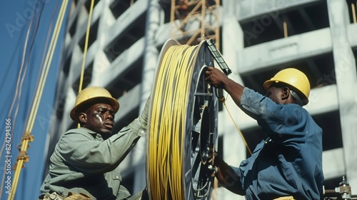 A team of electricians unrolling a large spool of wire as they prepare to feed it into the walls of a multistory building.