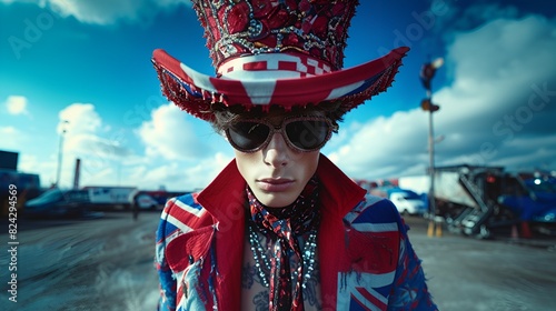 Fashion model - fashion inspired by British flag - Union Jack - stylish - eccentric and quirky - sunglasses - blue background - England 