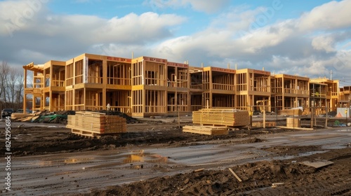 Wooden frames stand tall outlining the shape of what will soon be a multistory building.