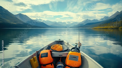 A peaceful boat scene with two life jackets and fishing gear aboard, floating on a calm lake surrounded by mountains. 