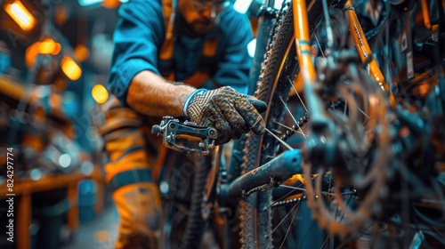Close up hand of male mechanic working in bicycle repair shop, repairing broken bicycle
