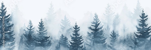 watercolor seamless misty pine forest, with very soft colors of light blue and gray on a white backgroun.