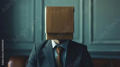 Anonymous man with a cardboard head, symbolizing anonymity, corporate culture, or identity concepts