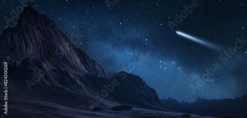 A starry night with a comet streaking across the sky above a mountain ridge, adding a sense of wonder and temporality to the scene. 32k, full ultra hd, high resolution