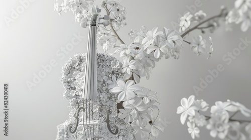 A violin sculpture made of white flowers. AIG535