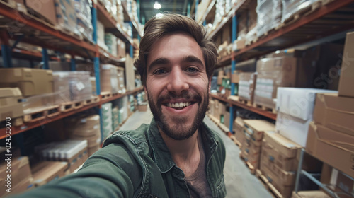 Smiling man taking selfie in warehouse with boxes and shelves