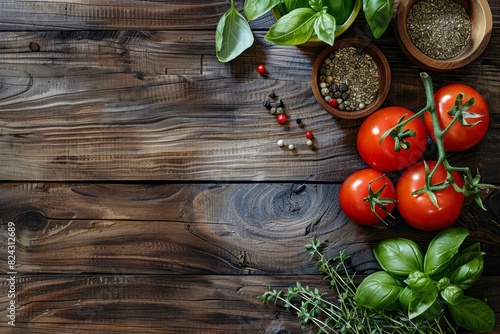 Wooden background with rustic kitchen table, tomatos and herbs on the side