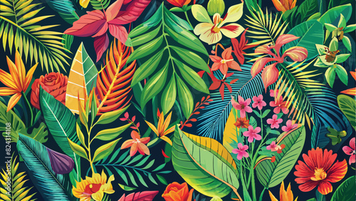 Seamless pattern of vibrant tropical leaves and exotic flowers, evoking the lushness of a tropical rainforest.