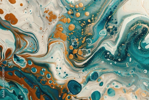 Abstract fluid art painting with brown, white and turquoise color splashes on canvas surface. Modern artwork with swirling patterns of liquid ink and acrylic paint.