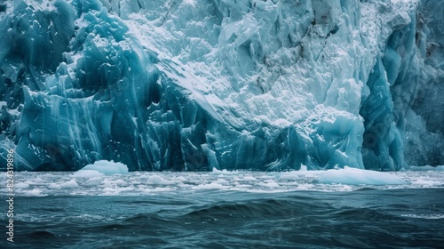 The glaciers icy blue hue is a stark contrast to the deep black waters of the ocean.