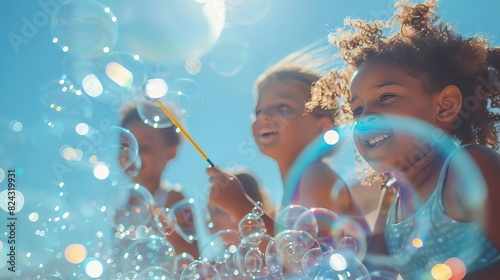 Show a group of friends at a beach, using a large bubble wand to create giant bubbles that shimmer in the sunlight, Close up