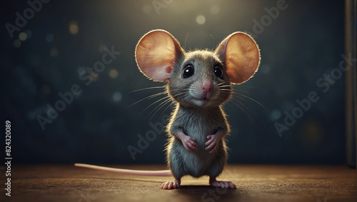 close-up photo of a gray mouse with large ears and a pink nose looking at the camera