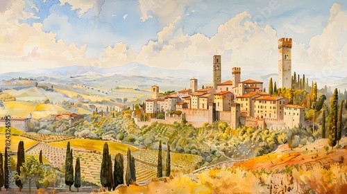 Picturesque Hilltop Town with Medieval Towers in the Tuscan Countryside