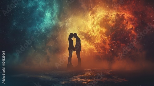 A love that transcends time and space, represented by two intertwined figures fading into the horizon, symbolizing the enduring connection and everlasting bond of love. stock photo