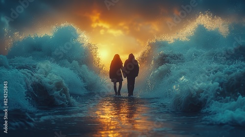 A love that finds strength in unity, portrayed by two figures standing hand-in-hand amidst a storm, symbolizing the support, resilience, and the power of love to overcome challenges together. image