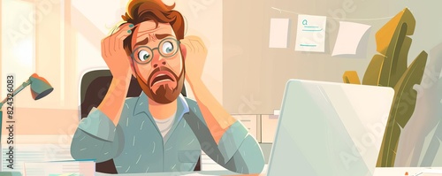Illustration of a stressed man with messy hair sitting in front of a laptop, clutching his head in frustration in a modern office setting.