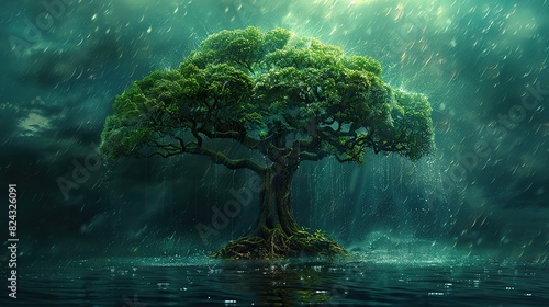 A love that endures through trials and tribulations, represented by a tree with deep roots weathering a storm, symbolizing the resilience, strength, image