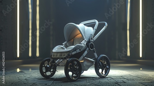 A 3D render of a lightweight baby stroller with a detachable car seat