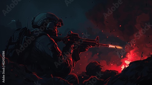 A soldier in a battlefield at night, aiming and firing a rifle, with red fire smoke illuminating the dark scene.
