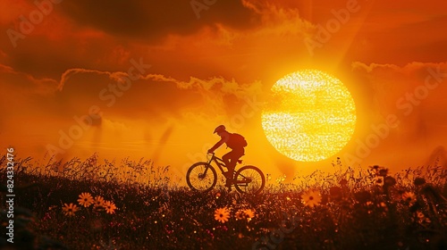Silueta de ciclista en campo de flores al atardecer con sol brillante en el horizonte