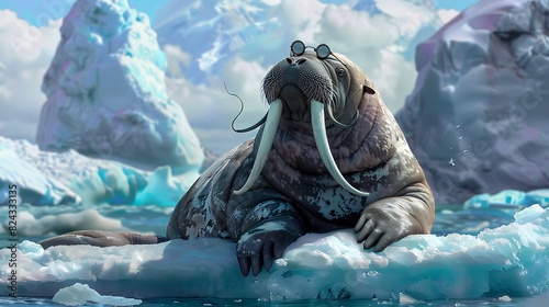 A whimsical walrus with a mustache and monocle looks dapper as it lounges on an iceberg, exuding charm.