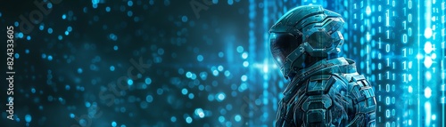 Futuristic soldier wearing advanced armor in a digital matrix background, representing sci-fi technology and cyber warfare.