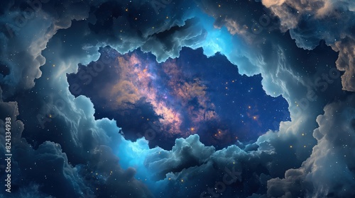 A scene depicting digital clouds dissipating to reveal a hidden cosmic gateway, with stars and nebulae visible through the gaps, blending digital and cosmic themes. 32k, full ultra HD, high resolution