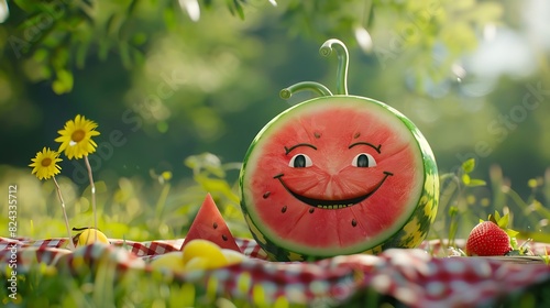 A whimsical watermelon with a goofy grin brings joy to summer picnics and gatherings.