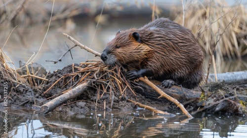 A beaver builds a dam, working diligently with sticks in its mouth, isolated on a plain background