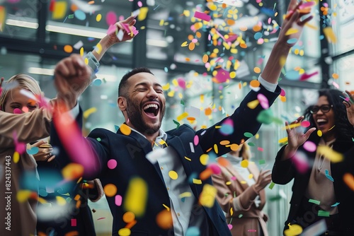 Business teams celebrating success with confetti