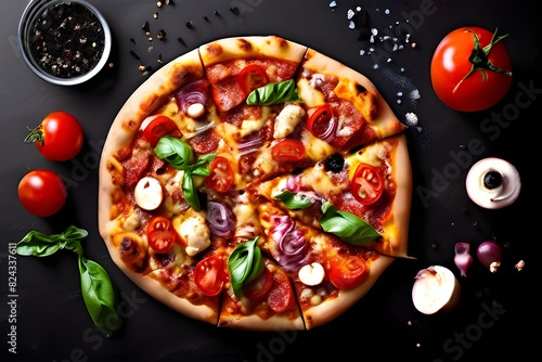Delicious pizza with ingredients on black background, top view. Space for text