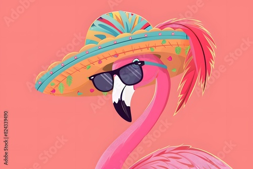 Cute cartoon flamingo bird in sunglasses and sombrero hat on summer color background.