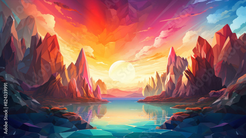 Low poly artwork, A surreal sunset alien landscape with striking colorful mountains and a serene lake