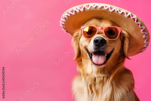 Funny cute dog in sunglasses and sombrero hat on summer color background.