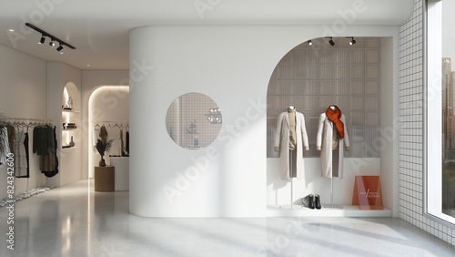 Window display of white modern and luxury fashion clothes shop in sunlight, shadow for store front interior design decoration and product background 3D