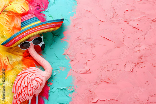 Funny cute flamingo bird in sunglasses and sombrero hat on summer color background.