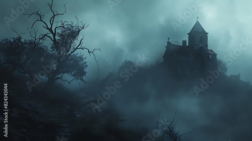 Sinister fog shrouds the landscape, concealing ghostly apparitions that emerge to haunt the night on Halloween.