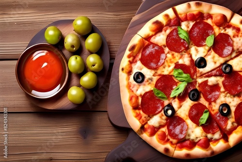 top view of delicious pizza with pepperoni and olives on wooden table
