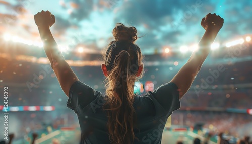 Woman celebrating victory in stadium with raised hands, surrounded by crowd under vibrant lights and dramatic sky.